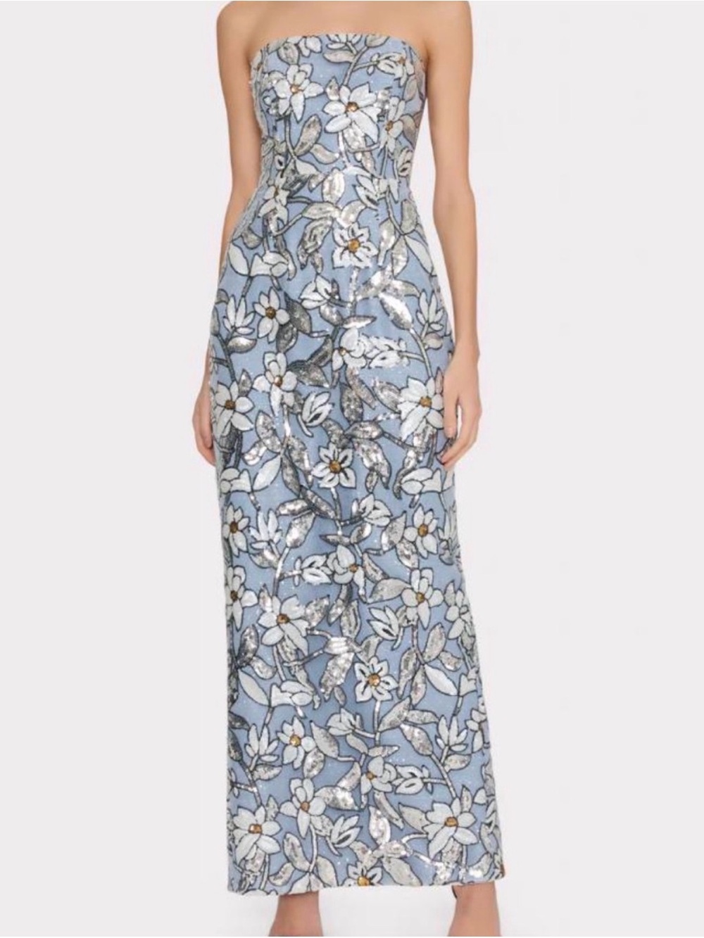 Milly Strapless Light Blue Floral Sequin Maxi Dress